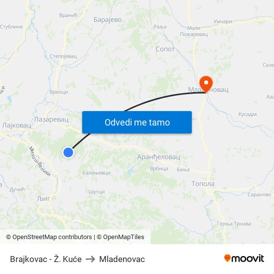 Brajkovac - Ž. Kuće to Mladenovac map