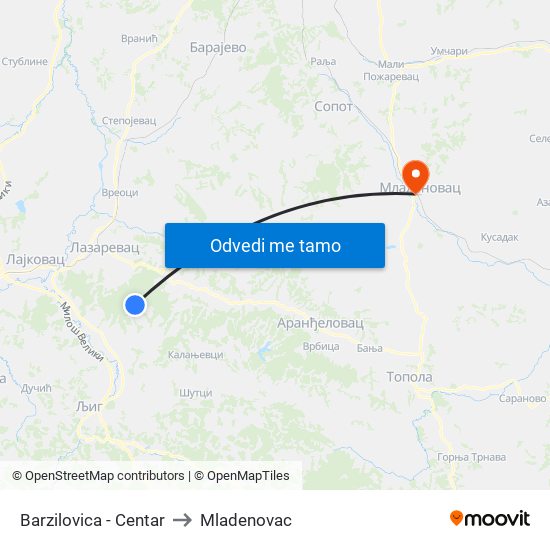 Barzilovica - Centar to Mladenovac map