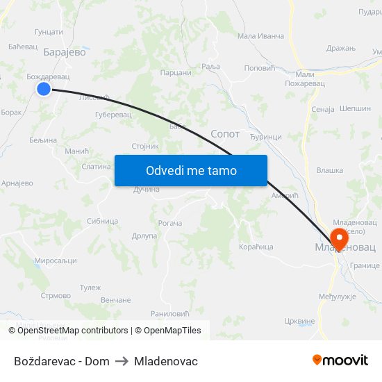 Boždarevac - Dom to Mladenovac map