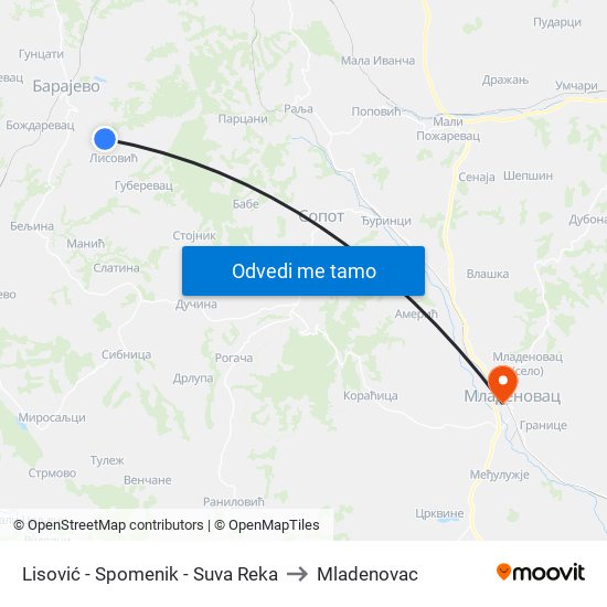 Lisović - Spomenik - Suva Reka to Mladenovac map