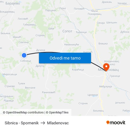 Sibnica - Spomenik to Mladenovac map