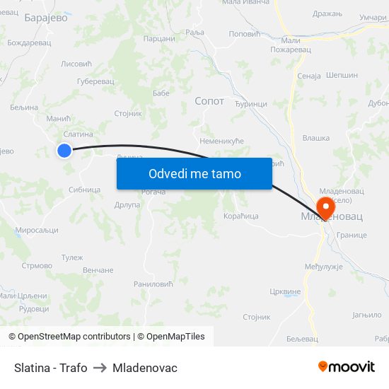 Slatina - Trafo to Mladenovac map