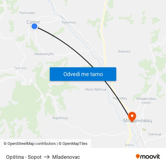 Opština - Sopot to Mladenovac map