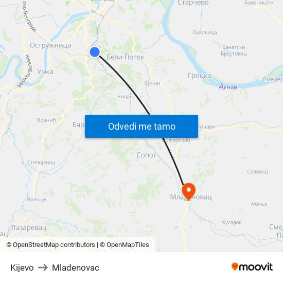 Kijevo to Mladenovac map