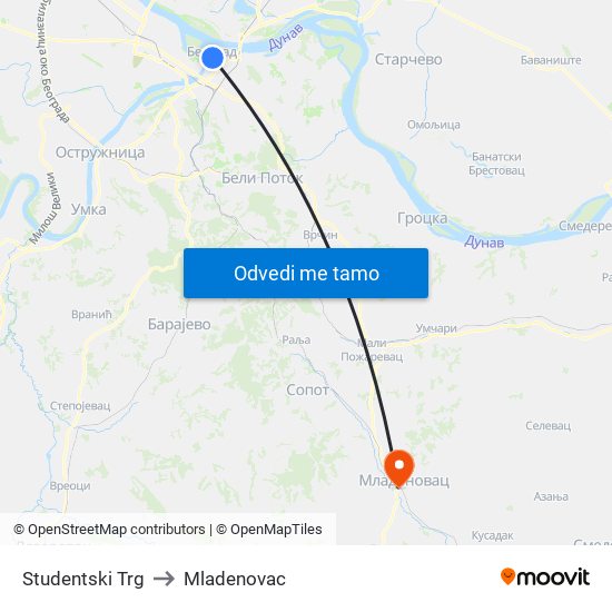 Studentski Trg to Mladenovac map