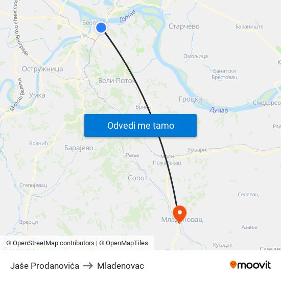 Jaše Prodanovića to Mladenovac map