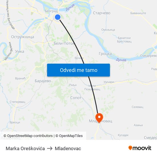 Marka Oreškovića to Mladenovac map