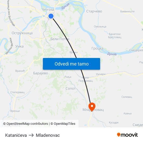 Katanićeva to Mladenovac map