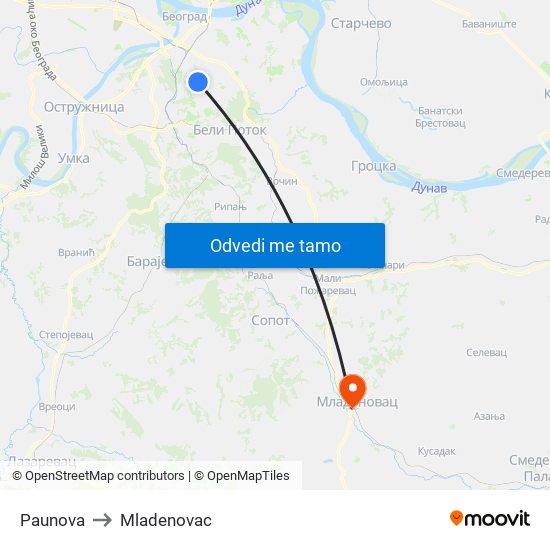 Paunova to Mladenovac map