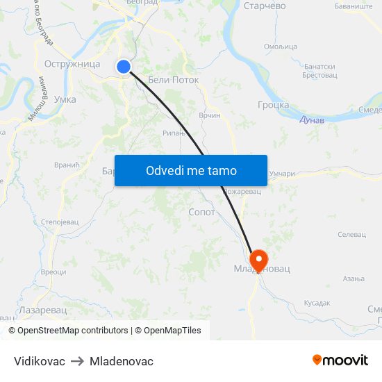 Vidikovac to Mladenovac map