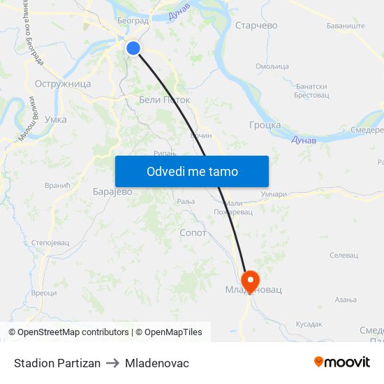 Stadion Partizan to Mladenovac map