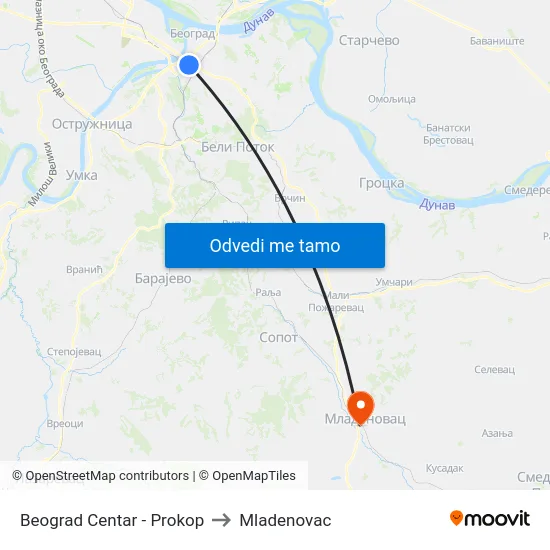 Beograd Centar - Prokop to Mladenovac map