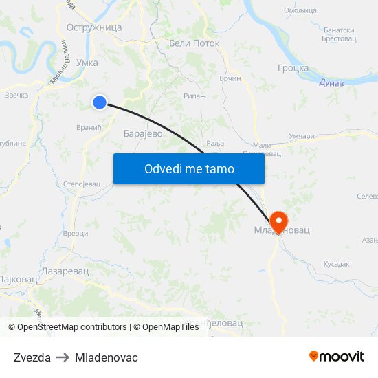 Zvezda to Mladenovac map