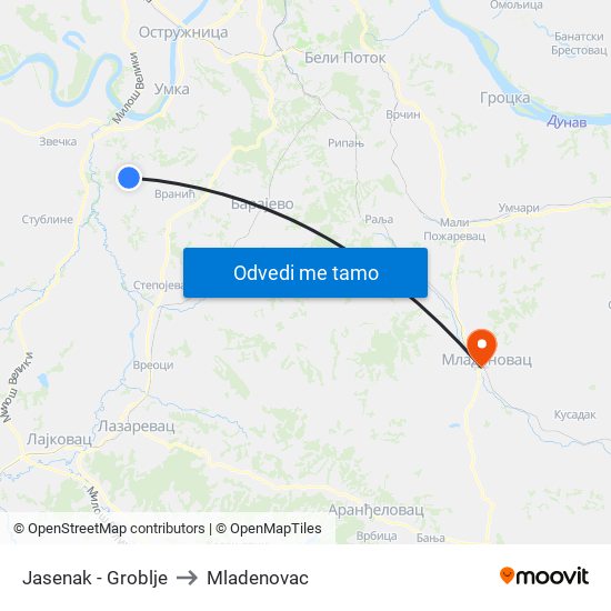 Jasenak - Groblje to Mladenovac map