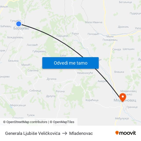 Generala Ljubiše Veličkovića to Mladenovac map