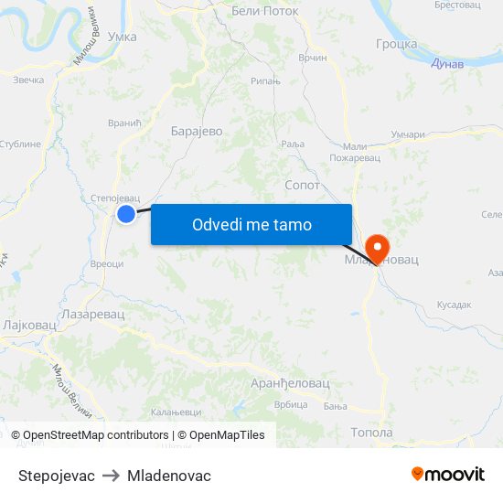 Stepojevac to Mladenovac map