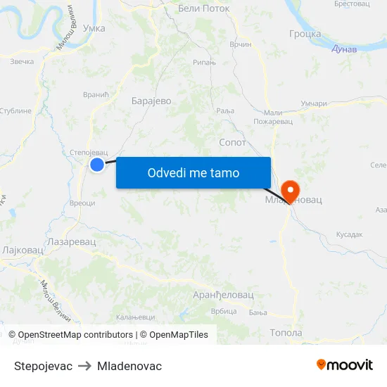 Stepojevac to Mladenovac map