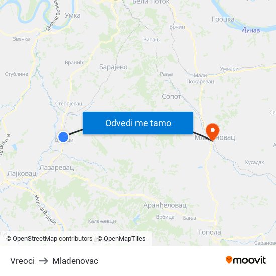 Vreoci to Mladenovac map