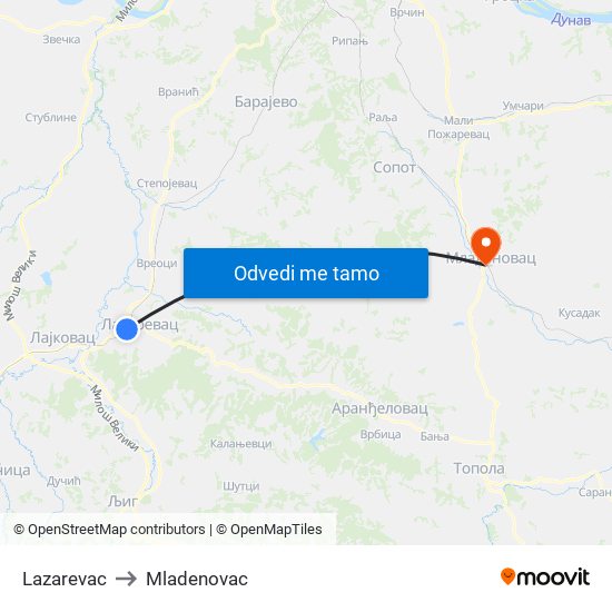 Lazarevac to Mladenovac map