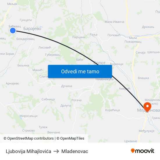 Ljubovija Mihajlovića to Mladenovac map