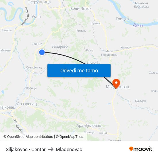 Šiljakovac - Centar to Mladenovac map