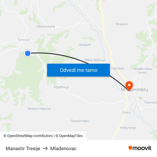 Manastir Tresije to Mladenovac map