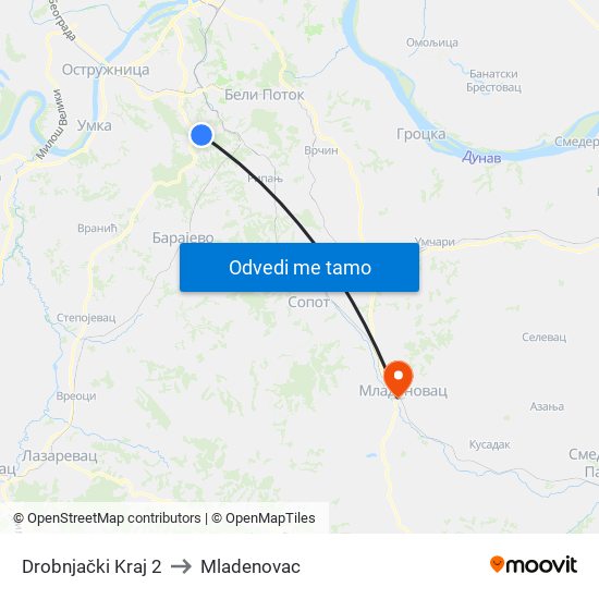 Drobnjački Kraj 2 to Mladenovac map