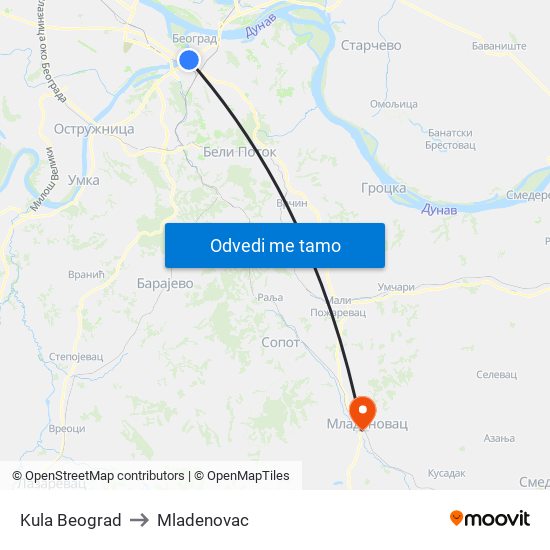 Kula Beograd to Mladenovac map