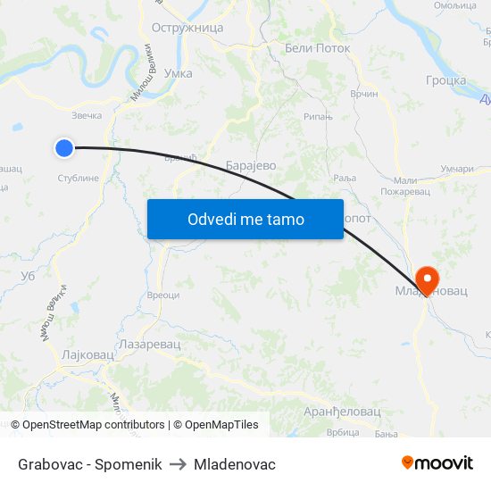 Grabovac - Spomenik to Mladenovac map