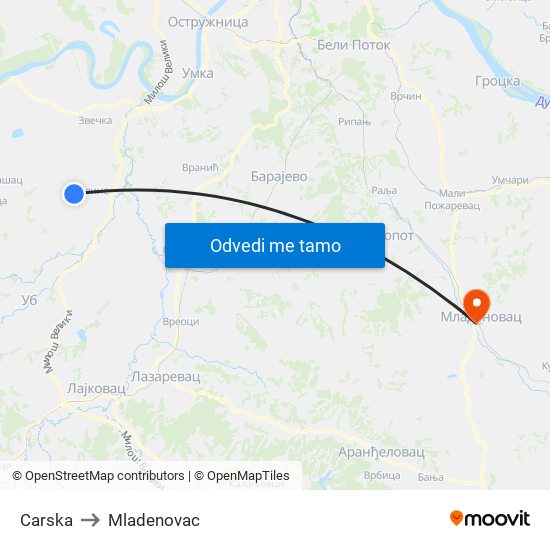 Carska to Mladenovac map