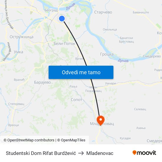 Studentski Dom Rifat Burdžević to Mladenovac map