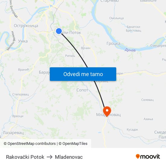 Rakovački Potok to Mladenovac map