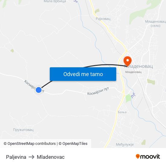 Paljevina to Mladenovac map