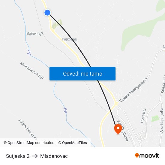 Sutjeska 2 to Mladenovac map