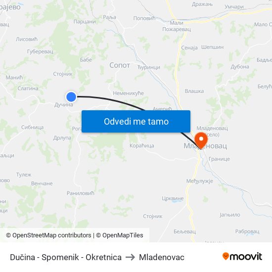 Dučina - Spomenik - Okretnica to Mladenovac map