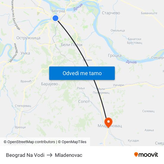 Beograd Na Vodi to Mladenovac map