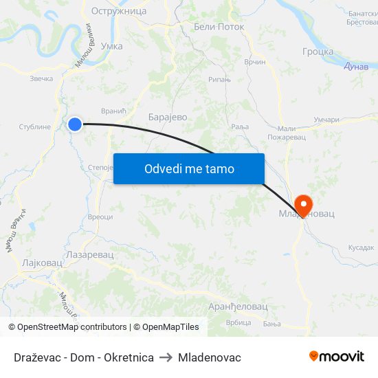 Draževac - Dom - Okretnica to Mladenovac map