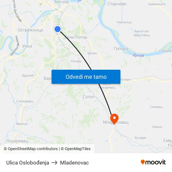 Ulica Oslobođenja to Mladenovac map