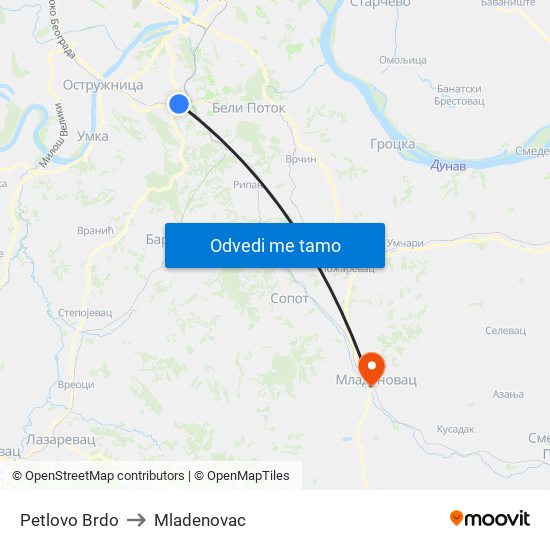Petlovo Brdo to Mladenovac map