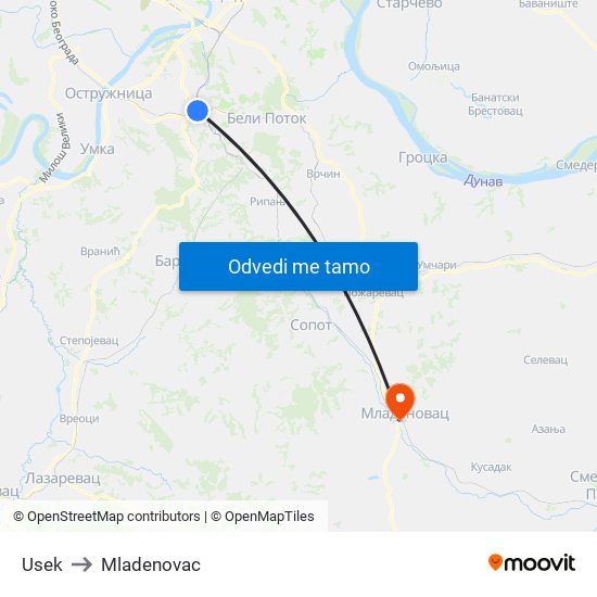 Usek to Mladenovac map