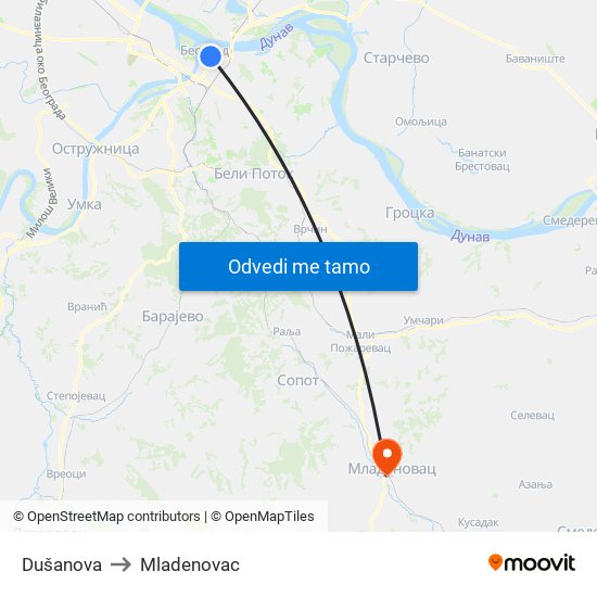 Dušanova to Mladenovac map