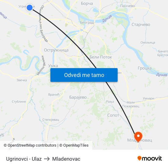 Ugrinovci - Ulaz to Mladenovac map