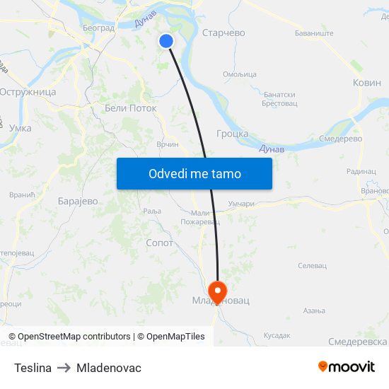 Teslina to Mladenovac map