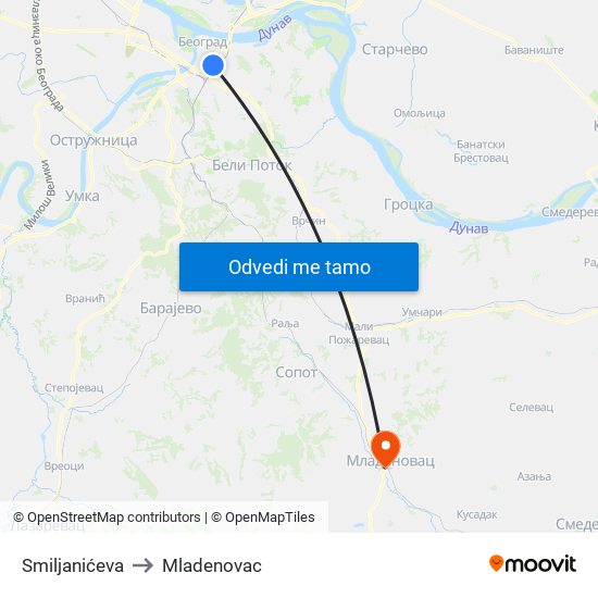 Smiljanićeva to Mladenovac map