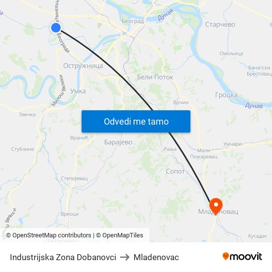 Industrijska Zona Dobanovci to Mladenovac map