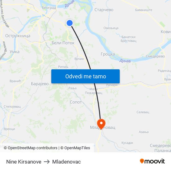 Nine Kirsanove to Mladenovac map