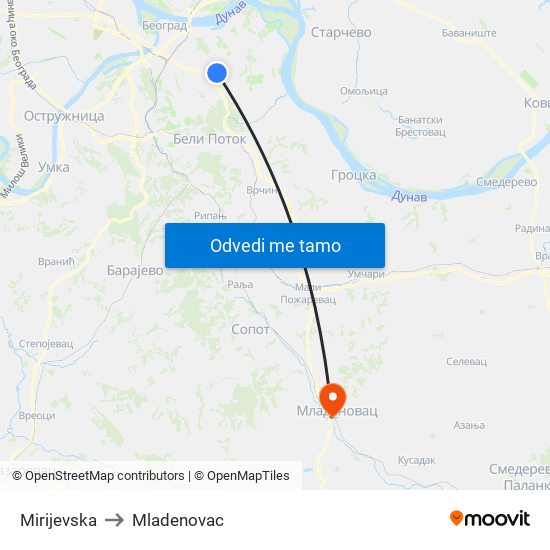 Mirijevska to Mladenovac map