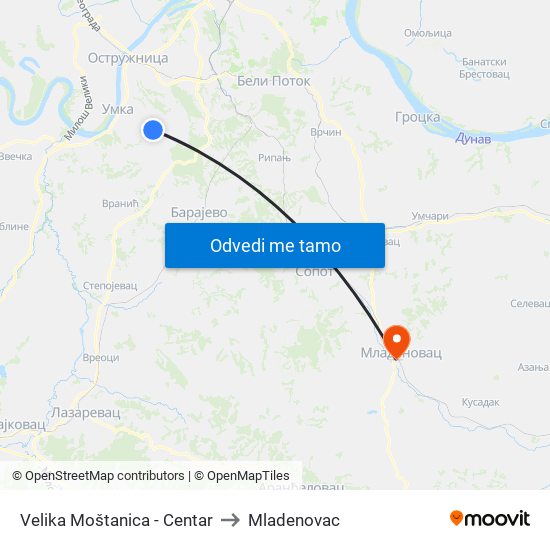 Velika Moštanica - Centar to Mladenovac map