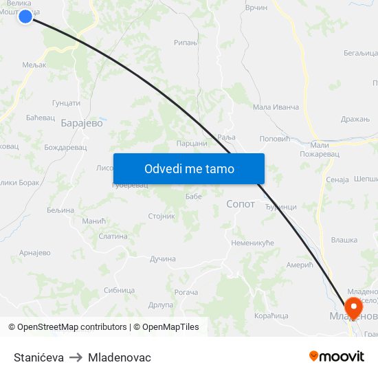 Stanićeva to Mladenovac map