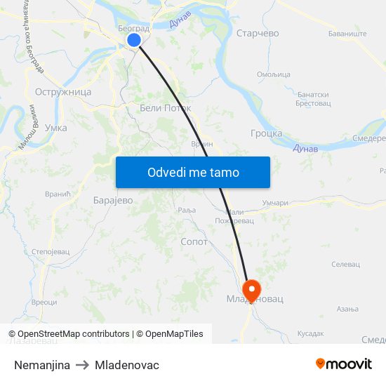 Nemanjina to Mladenovac map